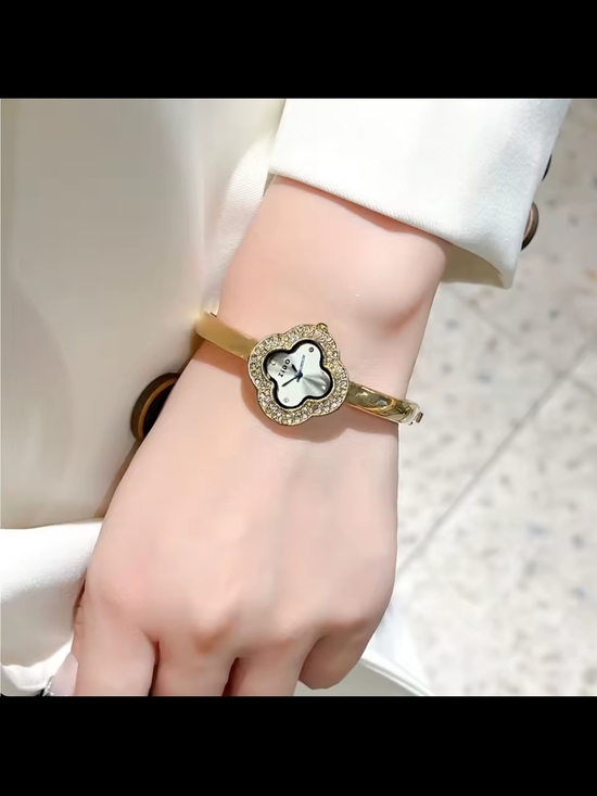 Gold Floral Crystal Bangle Watch with White Dial main image 4
